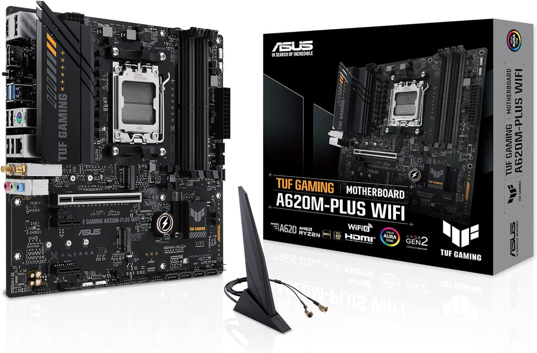 ASUS TUF Gaming A620M-PLUS(WiFi) AMD AM5 (Ryzen 7000) microATX Gaming Motherboard(DDR5,PCIe 4.0,2xM.2 Slots,2.5Gb LAN,Wi-Fi6,2xDisplayPort,HDMI,Front USB 3.2 Gen 1 Type-C,BIOS Flashback,M.2 Q-Latch)